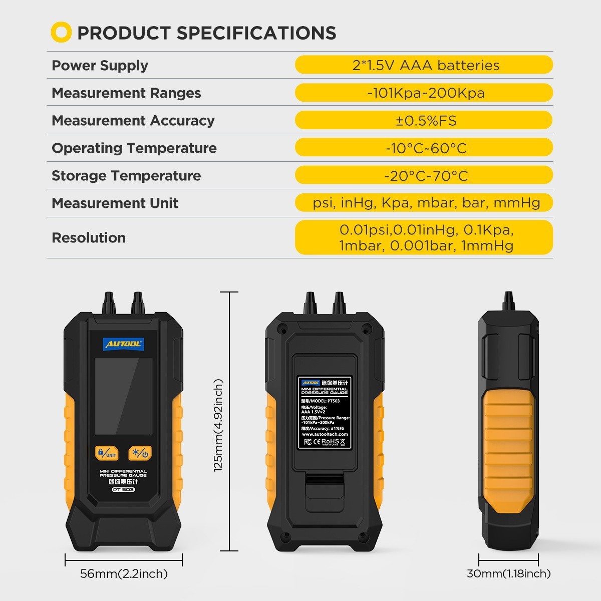Digital Manometer Portable Differential Gauge Vacuum Pressure Leak Detection
