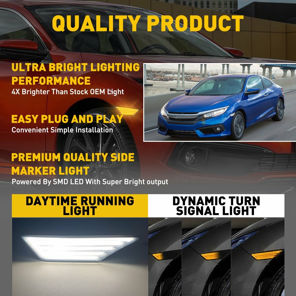 Switchback Sequential Turn Signal LED Side Marker Light For Honda Civic Lamp HUS
