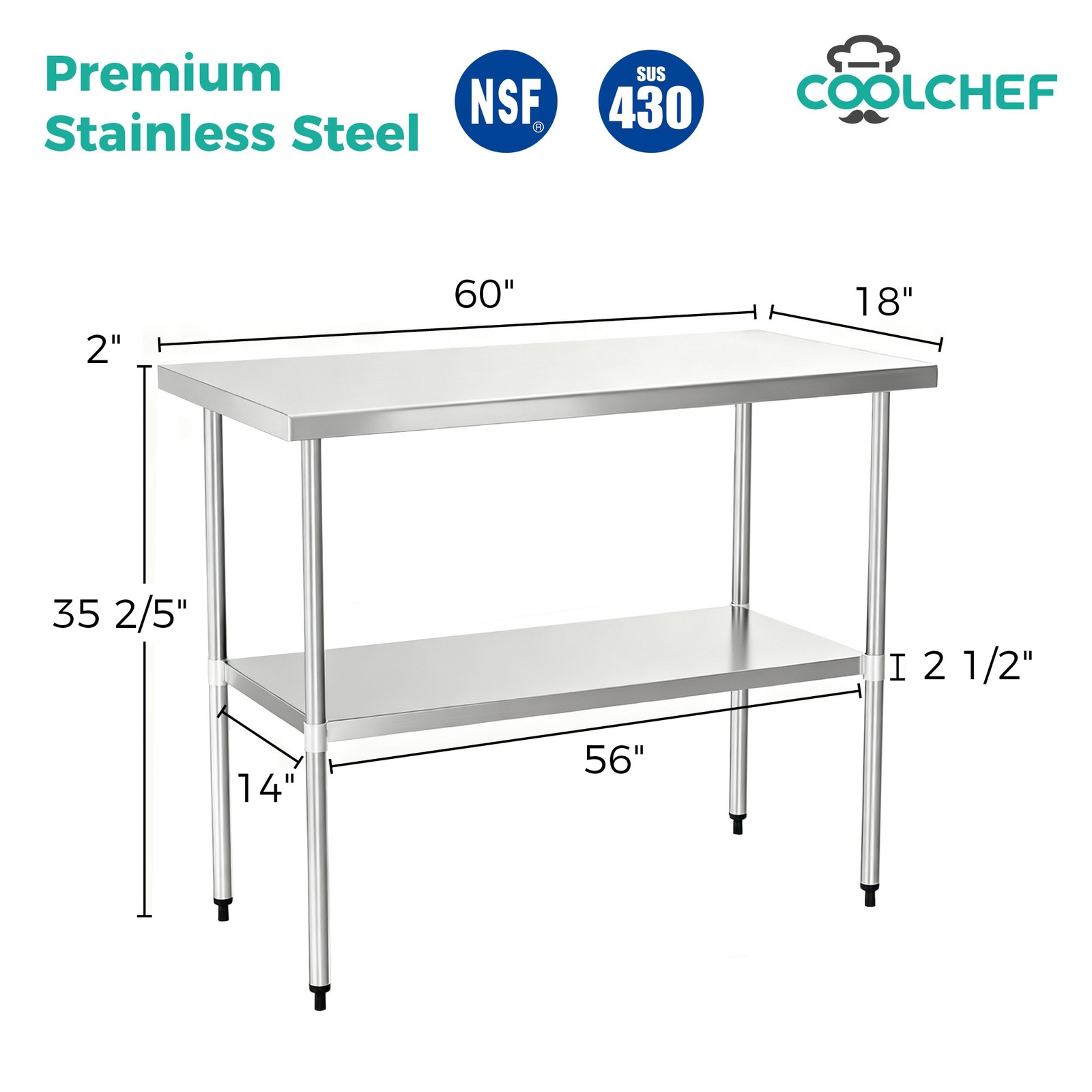 18'' x 60'' Stainless Steel Work Table NSF Commercial Heavy Duty Prep Worktables
