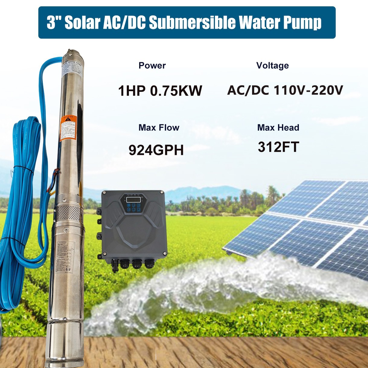 3" AC/DC Solar Powered Bore Well Water Pump 1HP Submersible Hybrid Deep 110/220V