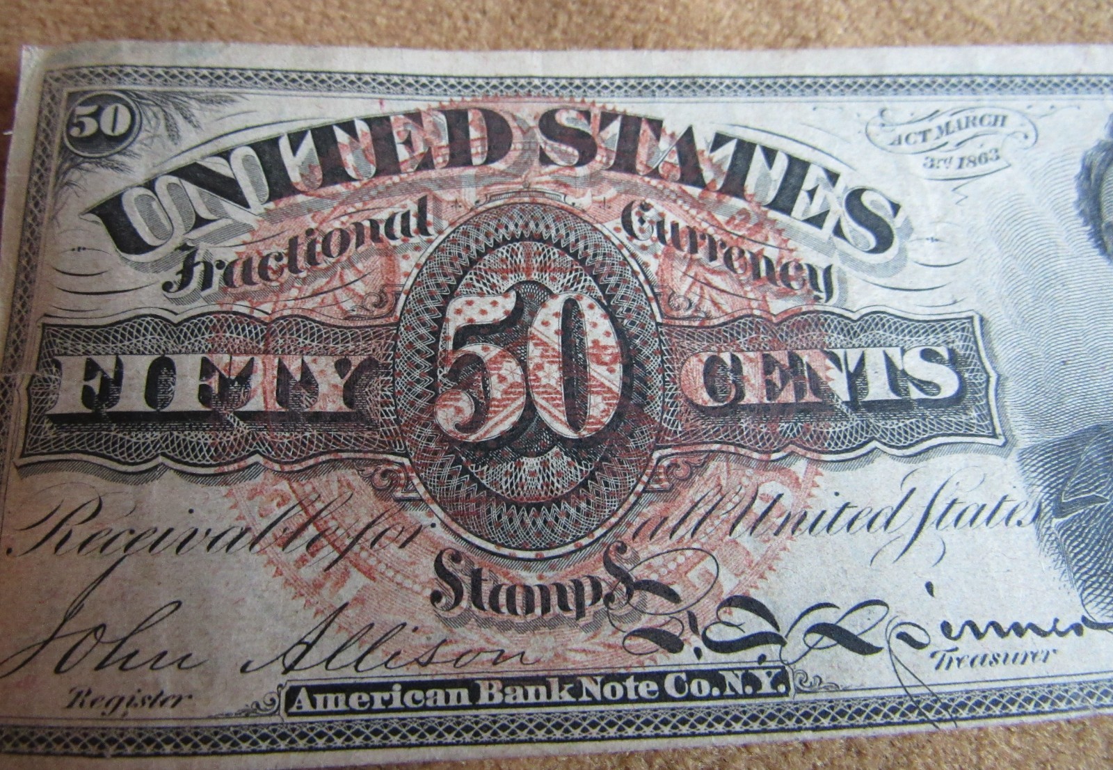 Civil War 1863 US Fractional Currency Note Abe Lincoln Fifty Cents 50