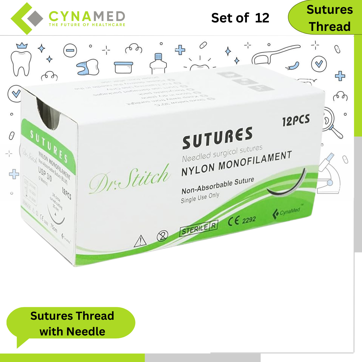 CynaMed Sutures Thread Training Sutures Sterile Ready to Use 12 Pack