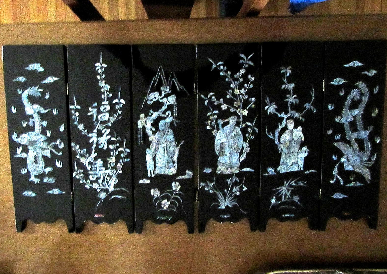 Asian 6 Panel 2 Side Lacquer Wood MOP Abalone Gold Fish Screen Divider 14"x28"