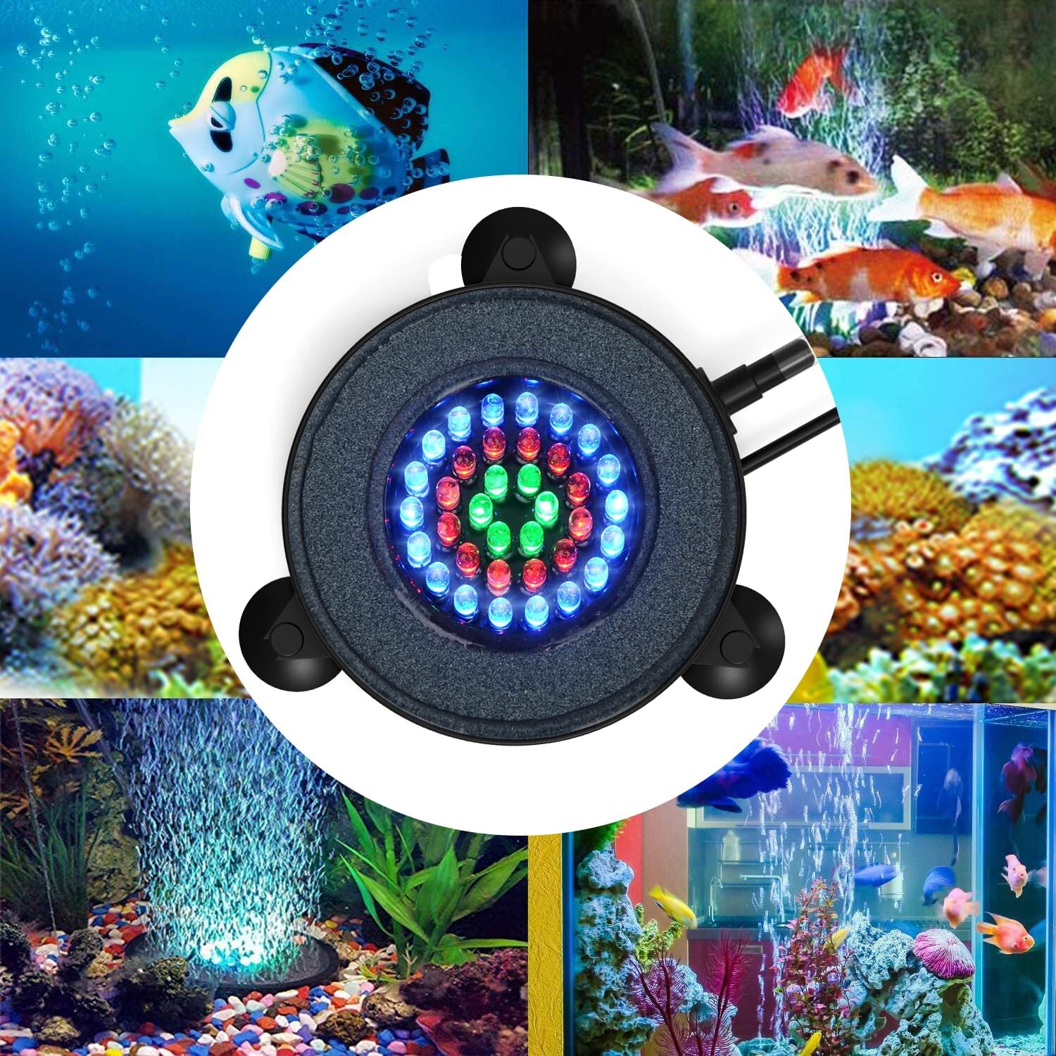 Air Stone Disk Aquarium Bubble LED Light 13 Color Changing Fish Tank Lights Lamp