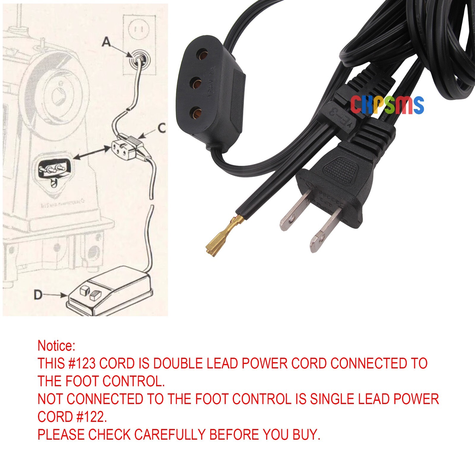 110V Double Lead Power Cord FOR SINGER 201, 221 Featherweight, 222,15-88, 15-90