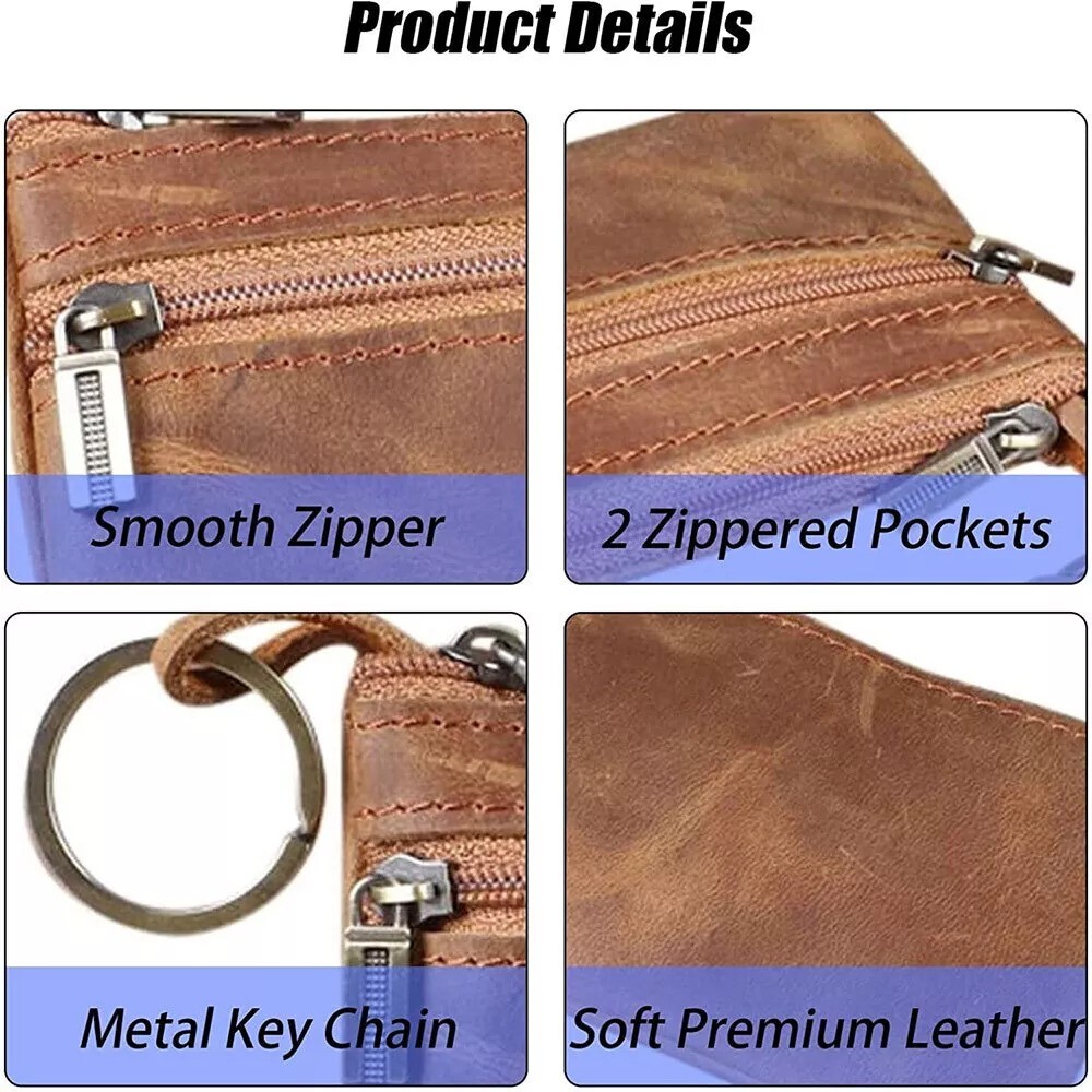 Brown Genuine Leather Small Coin Holder Change Purse Zipper Key Card Wallet