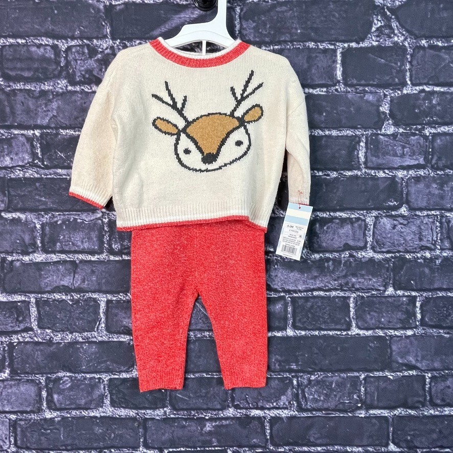 Cat & Jack 0-3 Month Knit Reindeer Cream Red Pants Set