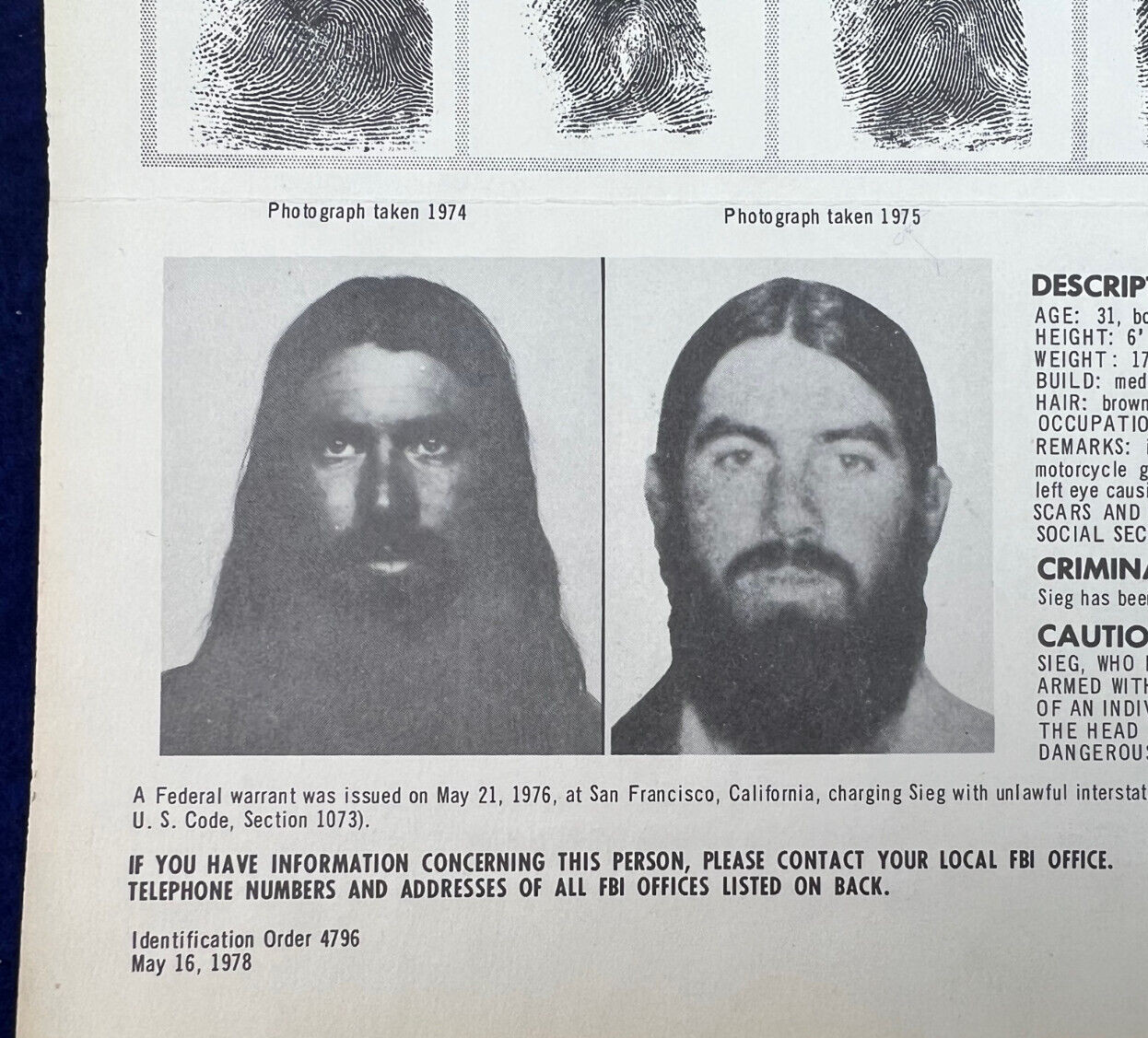 Hells Angels Vintage FBI Wanted Poster Roy Clinton Sieg Murder Motorcycle Gang