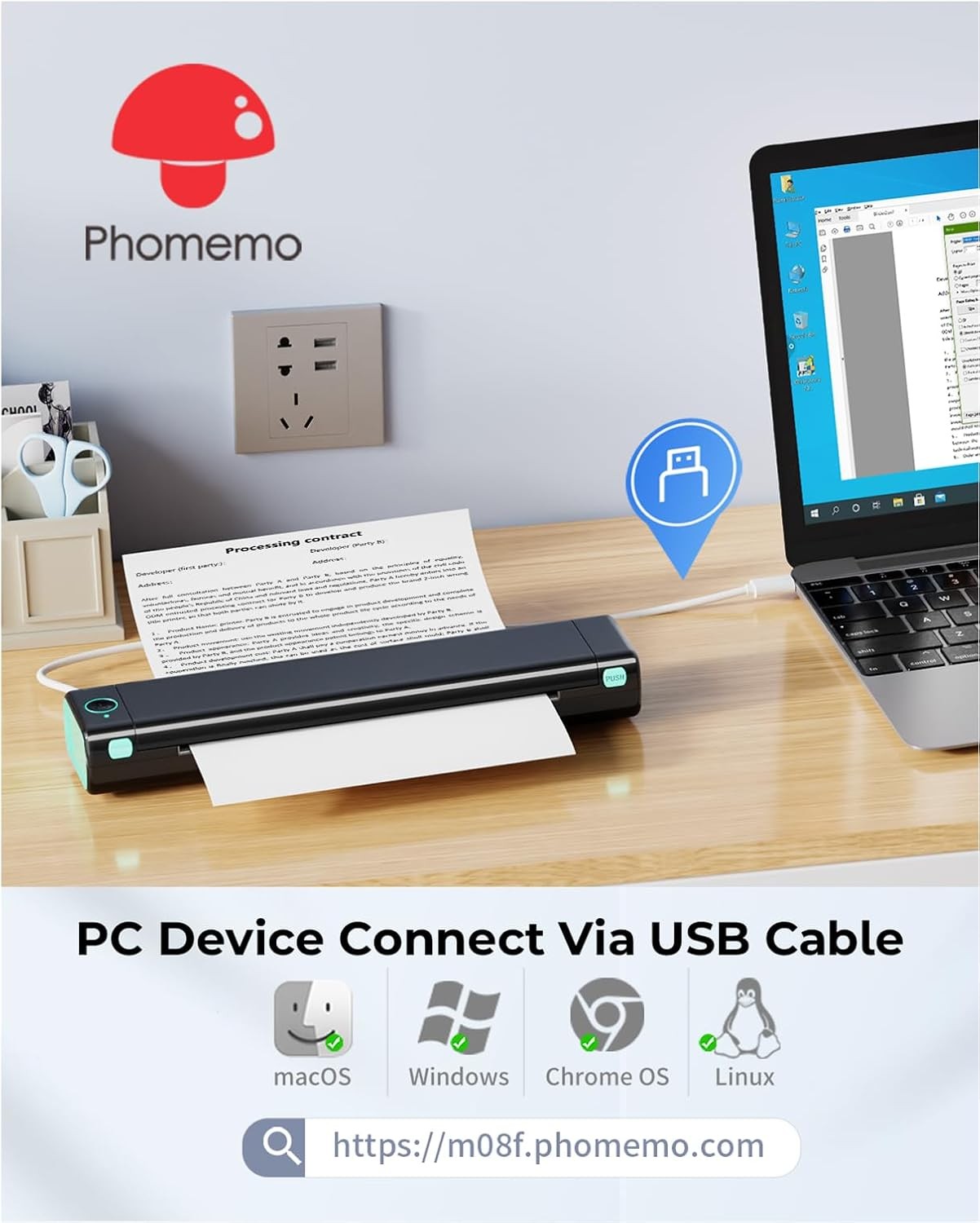 Phomemo M08F Portable Thermal Bluetooth Printer Support for 8.5"x11" US Letter