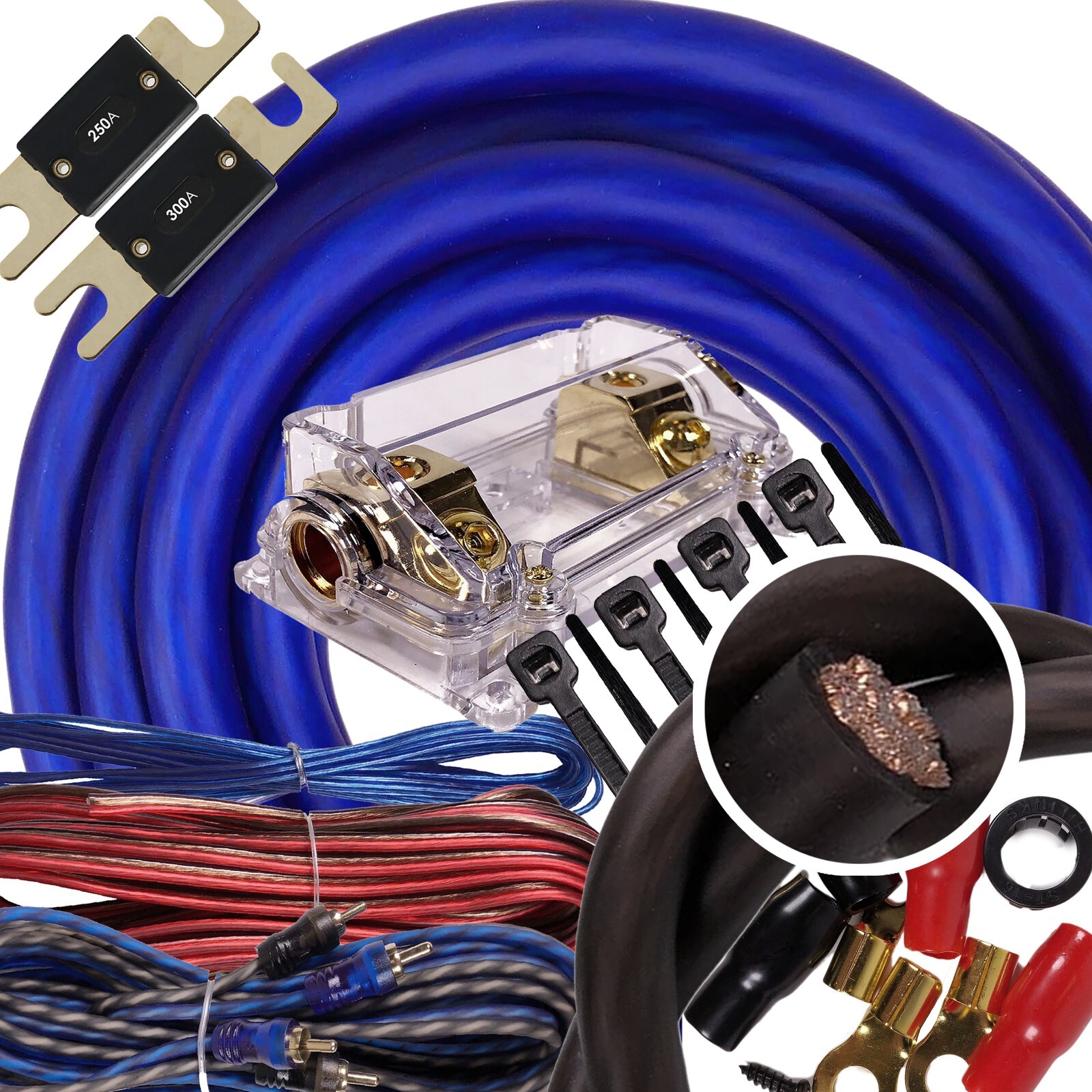 Elite 0 Gauge Amp Kit Amplifier Install Wiring 0 Ga Wire 5000W to 8000W Blue PK2