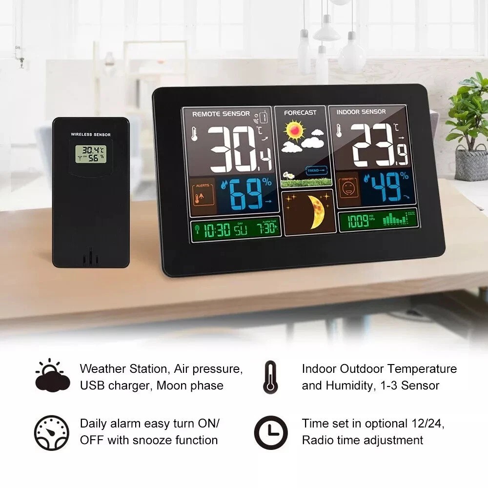 Digital LCD Weather Station Clock Indoor & Outdoor Calendar Thermometer
