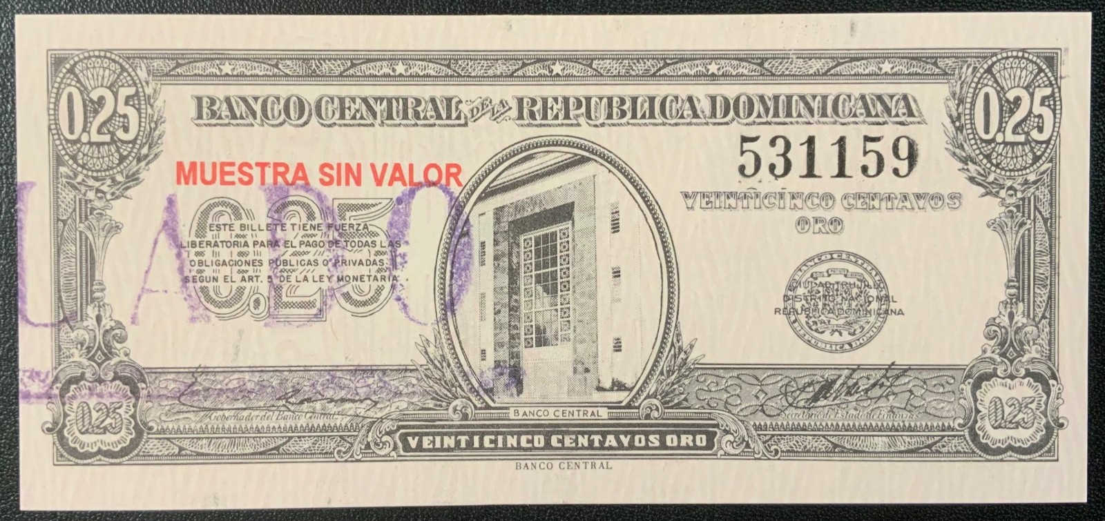 1961 DOMINICAN REPUBLIC PAPER MONEY - 25 CENTAVOS SPECIMEN BANKNOTE!
