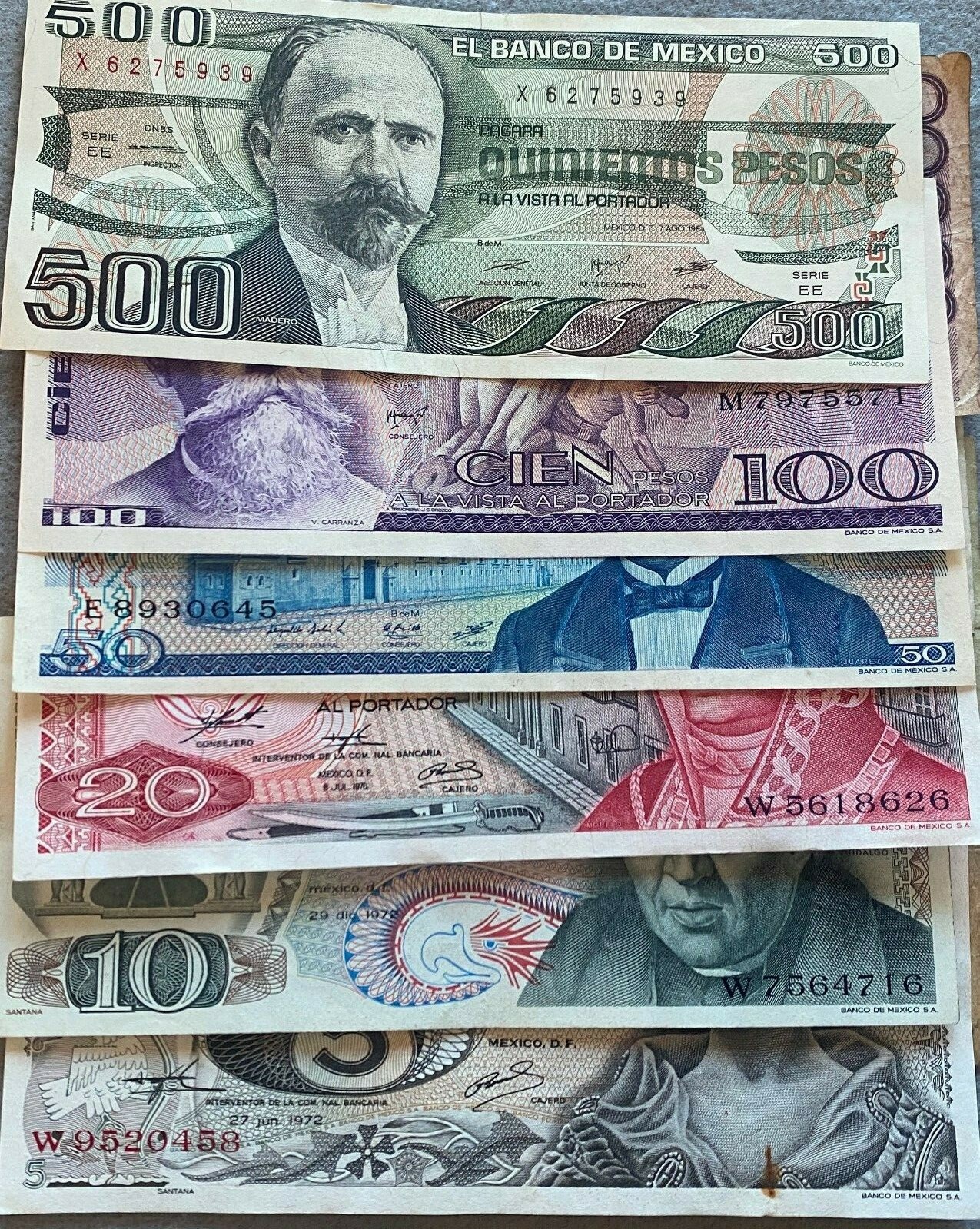 MEXICO SET 21 BANKNOTES LOT 70'S 1914 1 5 10 20 50 100 500 1000 pesos Collection