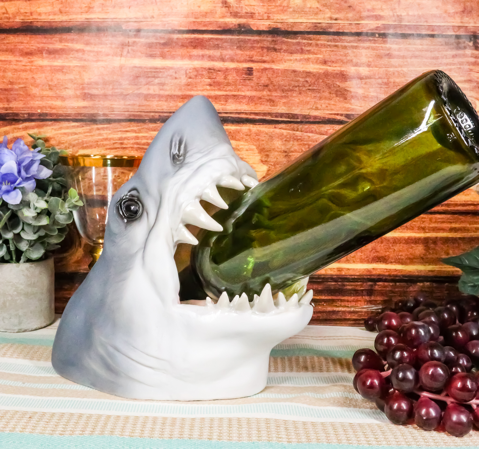 Ocean Marine Prehistoric Megalodon Shark Jaws and Teeth Wine Holder Caddy Statue