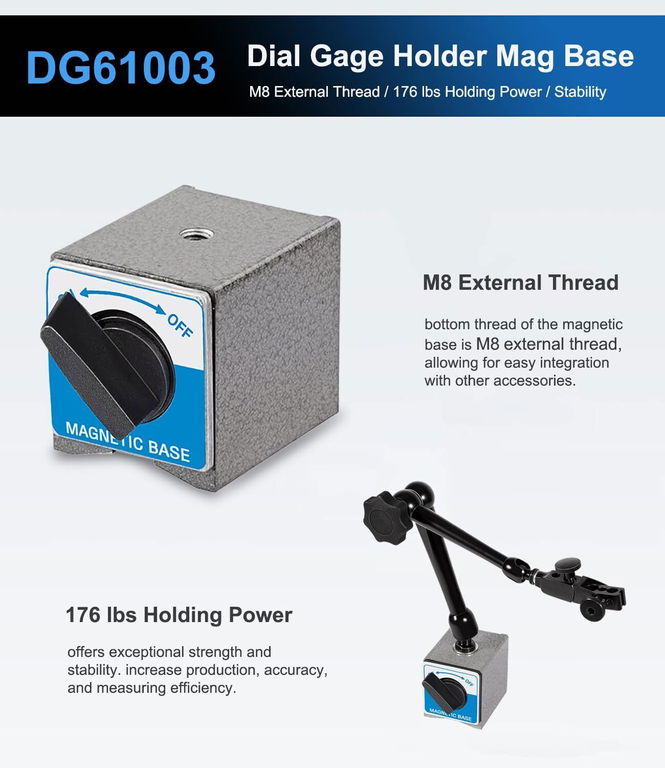 For Noga DG61003 Dial Gage Test Indicator Holder Magnetic Base 176lb Fine Adjust