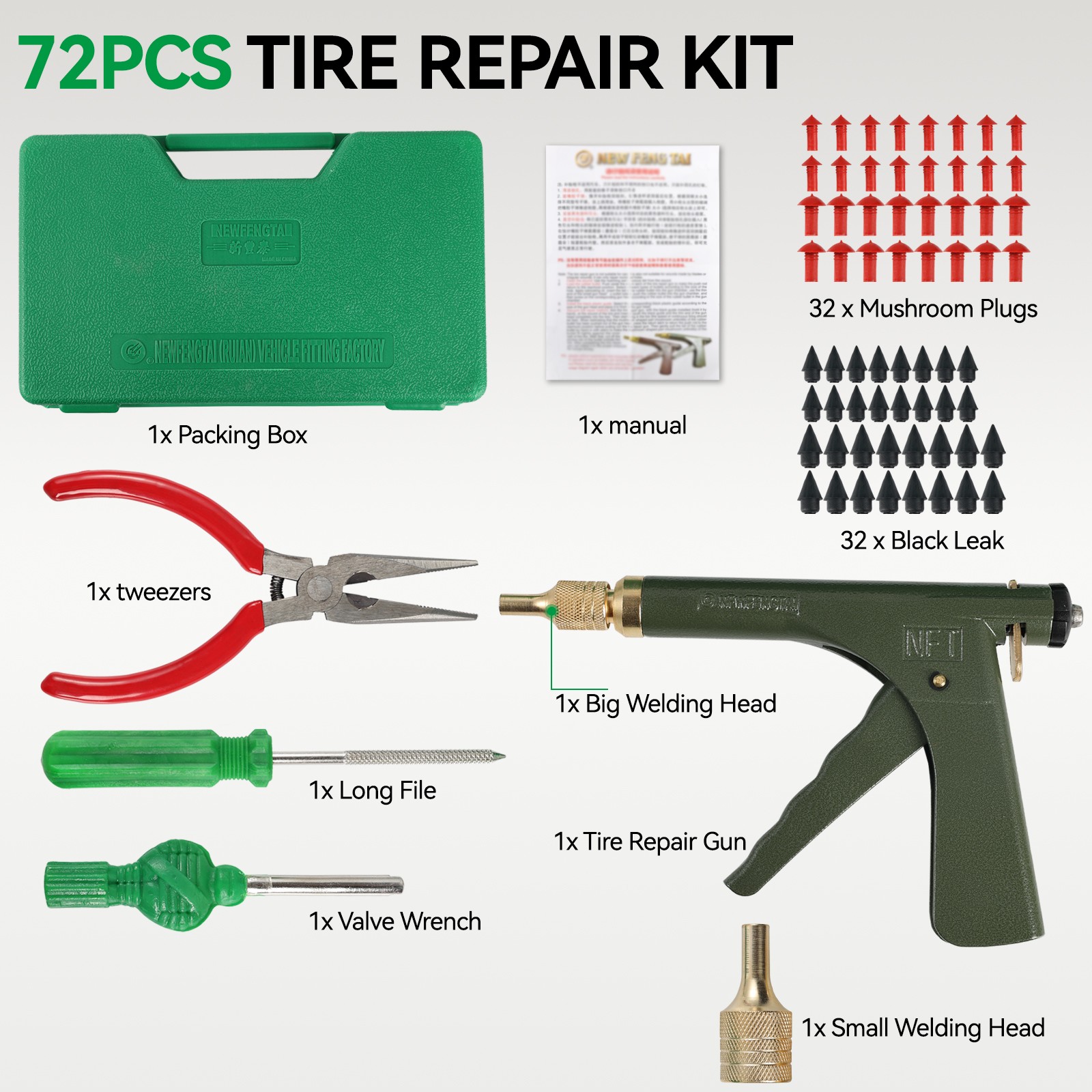 72pcs Tire Wheel Repair Gun Kit Mushroom Plug Probe Nozzle Tire Plugger Tubeless