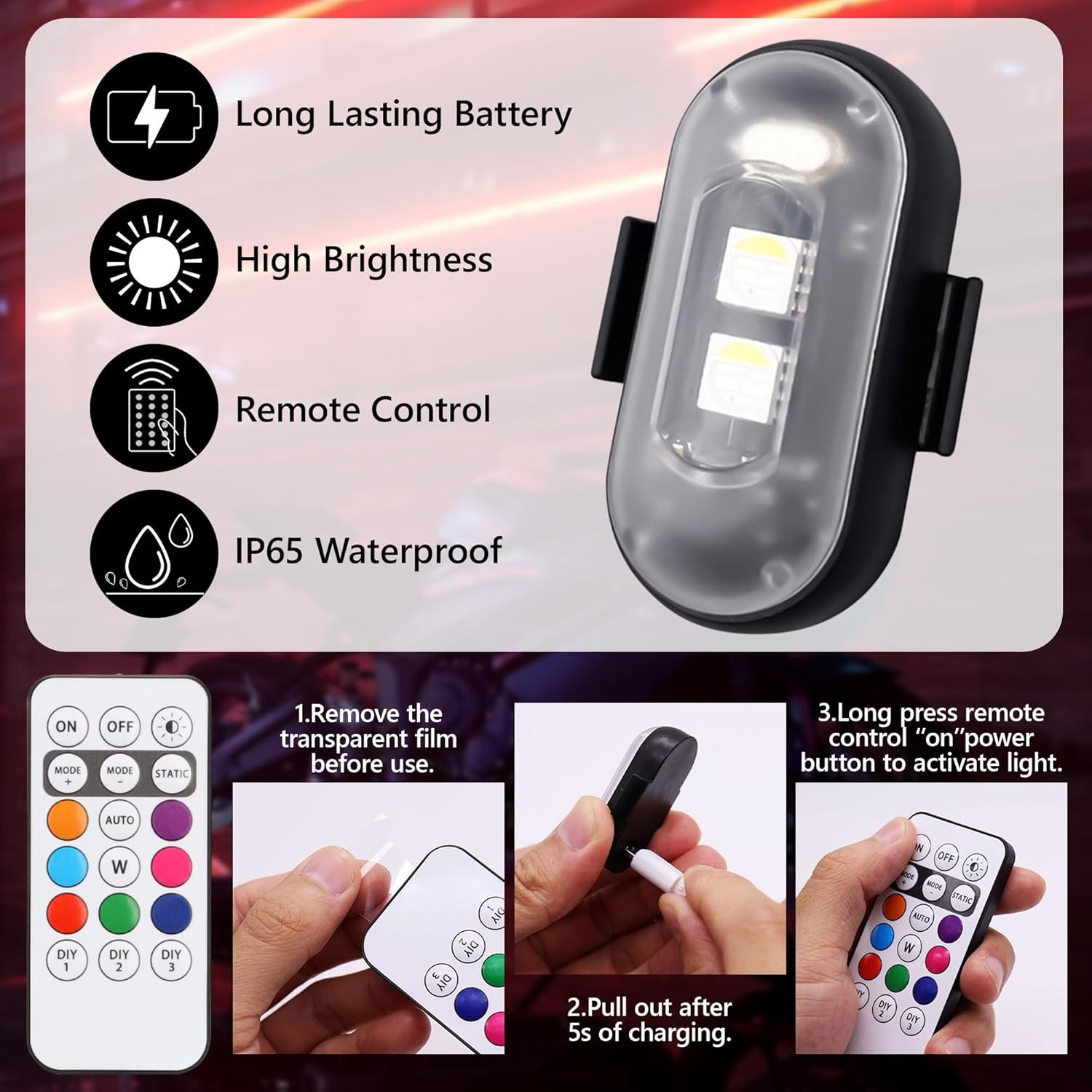 Wireless Magnetic Strobe LED Lights with Remote Control,8 Colors Waterproof