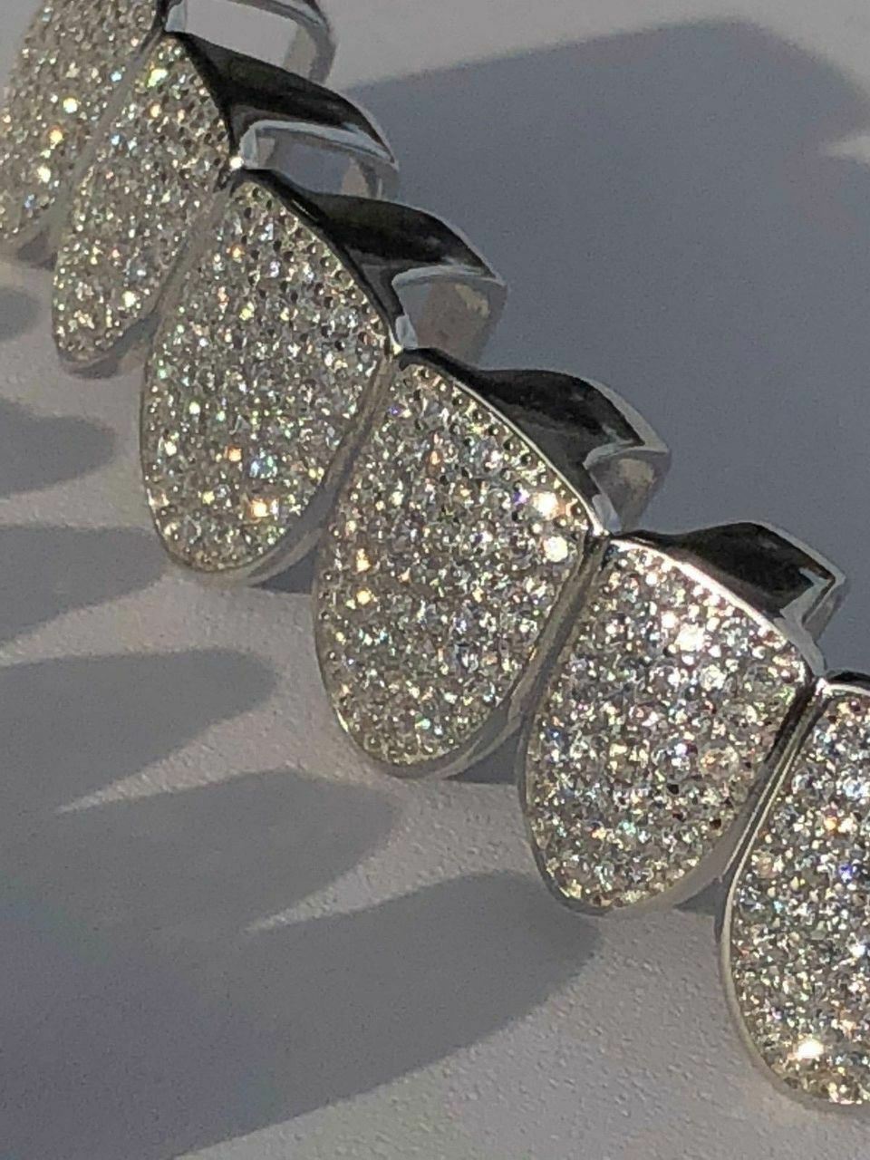 MOISSANITE GRILLZ Passes Test Teeth Top & Bottom Hip Hop 925 Silver Iced Rapper