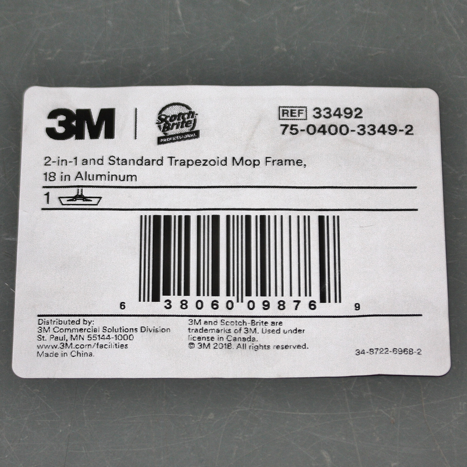 3M Scotch-Brite Flat Mop Head Frame 33492, 18" Aluminum, 2 in 1, Black