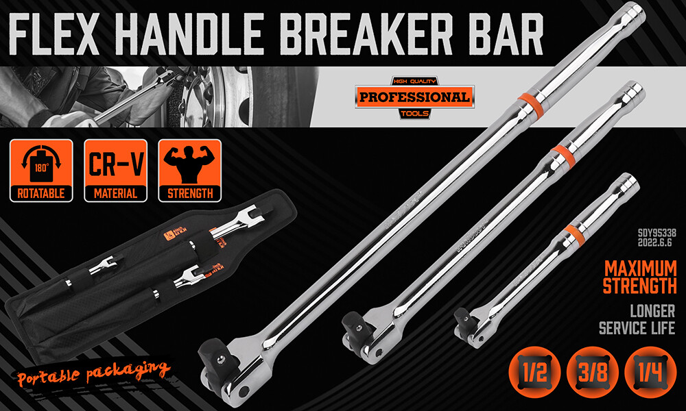 Breaker Bars Set 3PC 1/4" 3/8'' 1/2'' Dr 180° Rotatable Head 6" 10" 15" Length