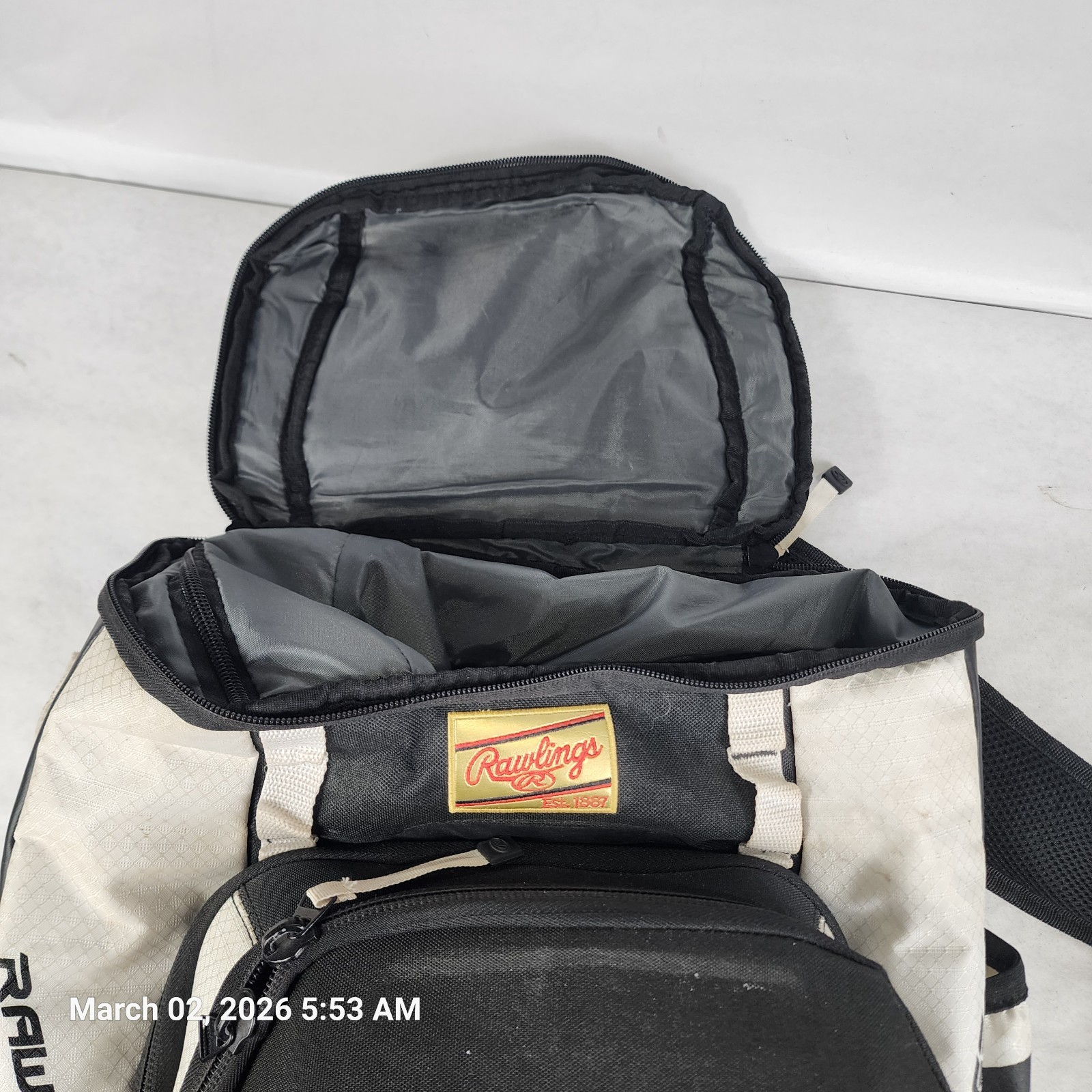 Rawlings Baseball Bag Backpack Black White Pockets Helmet Compartment Adjustable