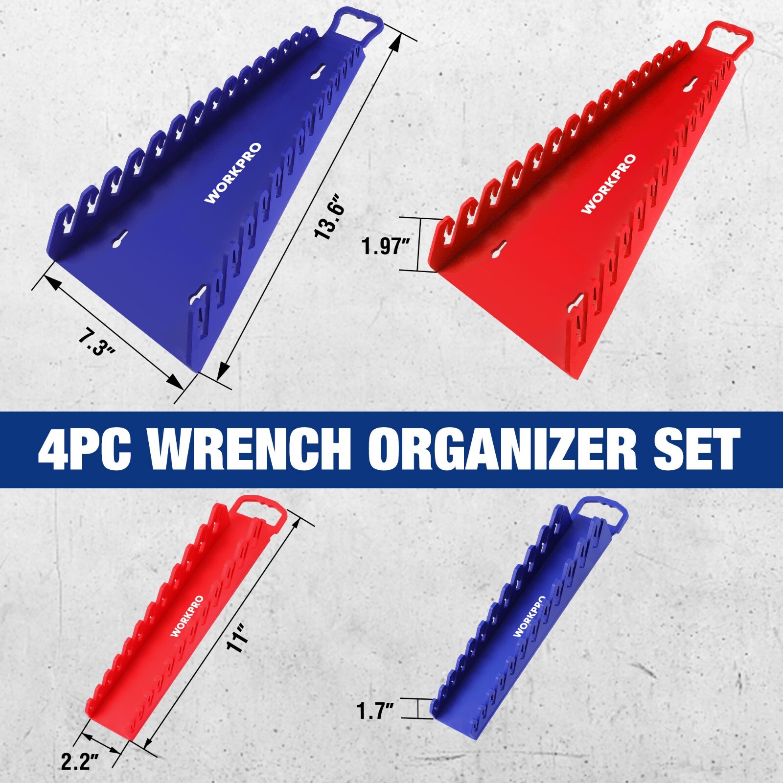 WORKPRO 4-PACK Magnetic Wrench Organizer 15-Slot 12-Slot Gripper Wrench Holder