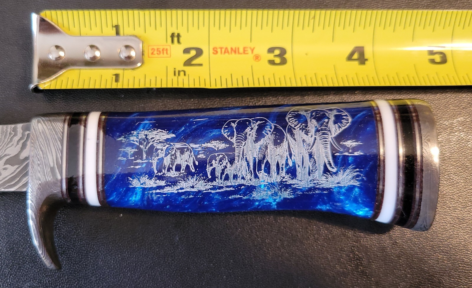 Impact Cutlery Custom Damascus Hunting Knife Engraved Blue Resin handle- 2399