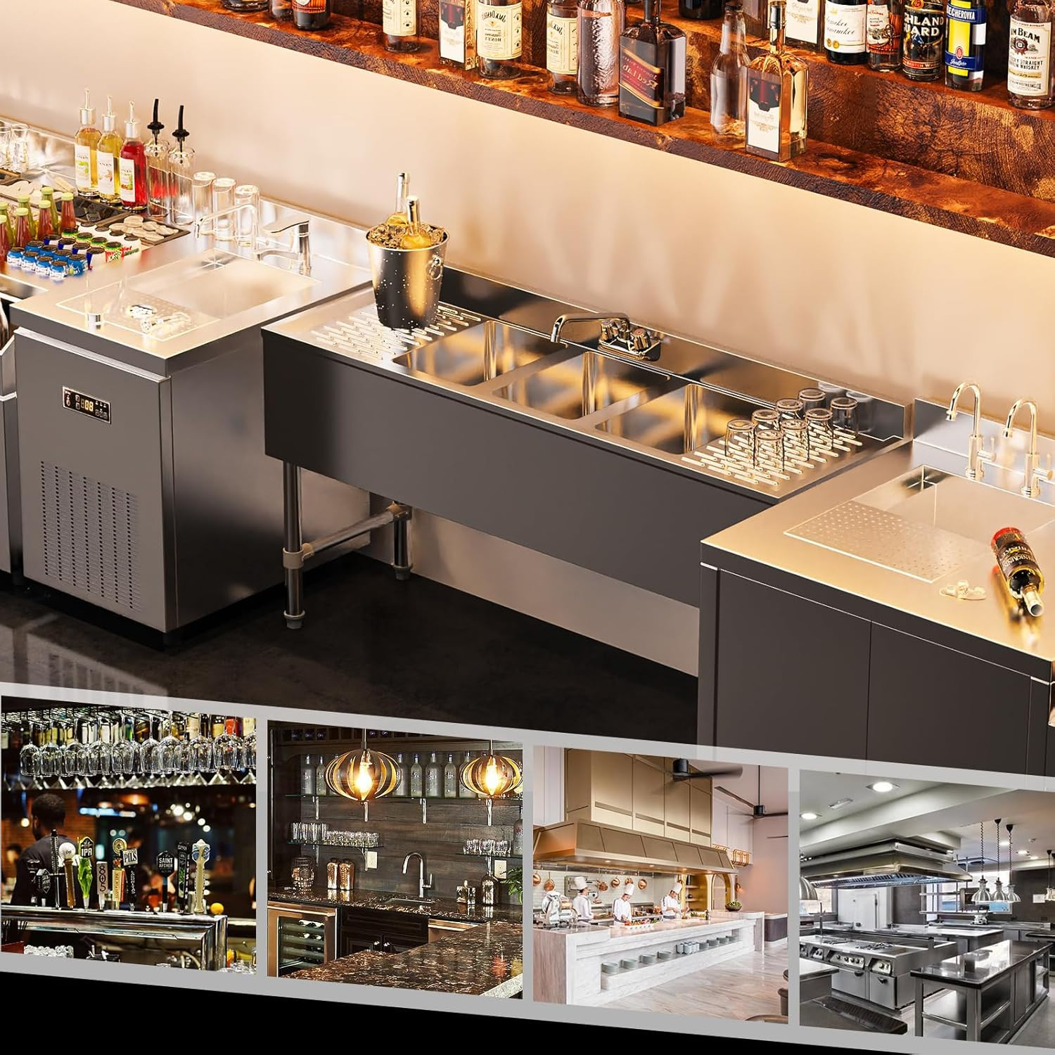 3 Compartment Commercial Sink with Double Drainboard 60"L x 18.4"W x 33"H Silver