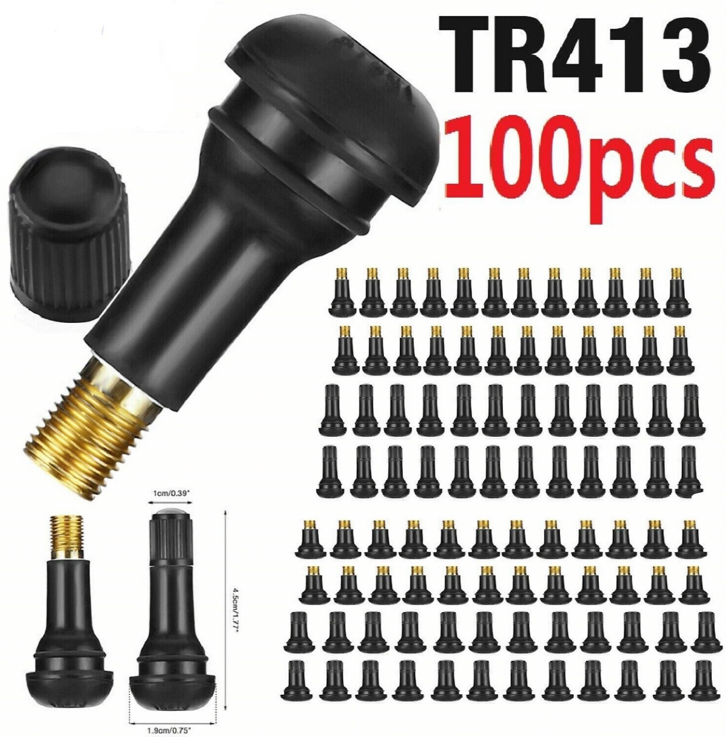 100pcs TR413 Snap-In Valve Stems – Tubeless Rubber Tire Valves for Car Truck Rim