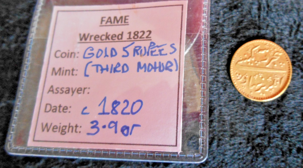 SHIPWRECK treasure GOLD 5 RUPEE coin MOHUR EAST INDIA CO ship FAME wreck 1819/20