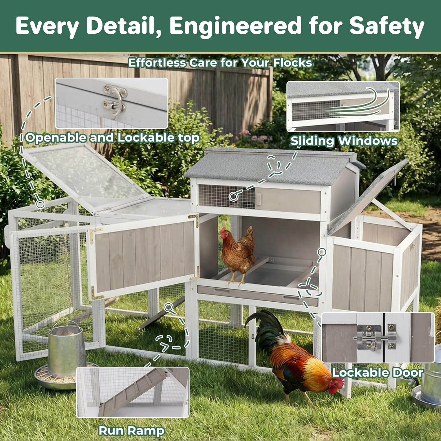 PETSCOSSET Outdoor Chicken Coop, Large Chicken House with Nesting Box, Gray