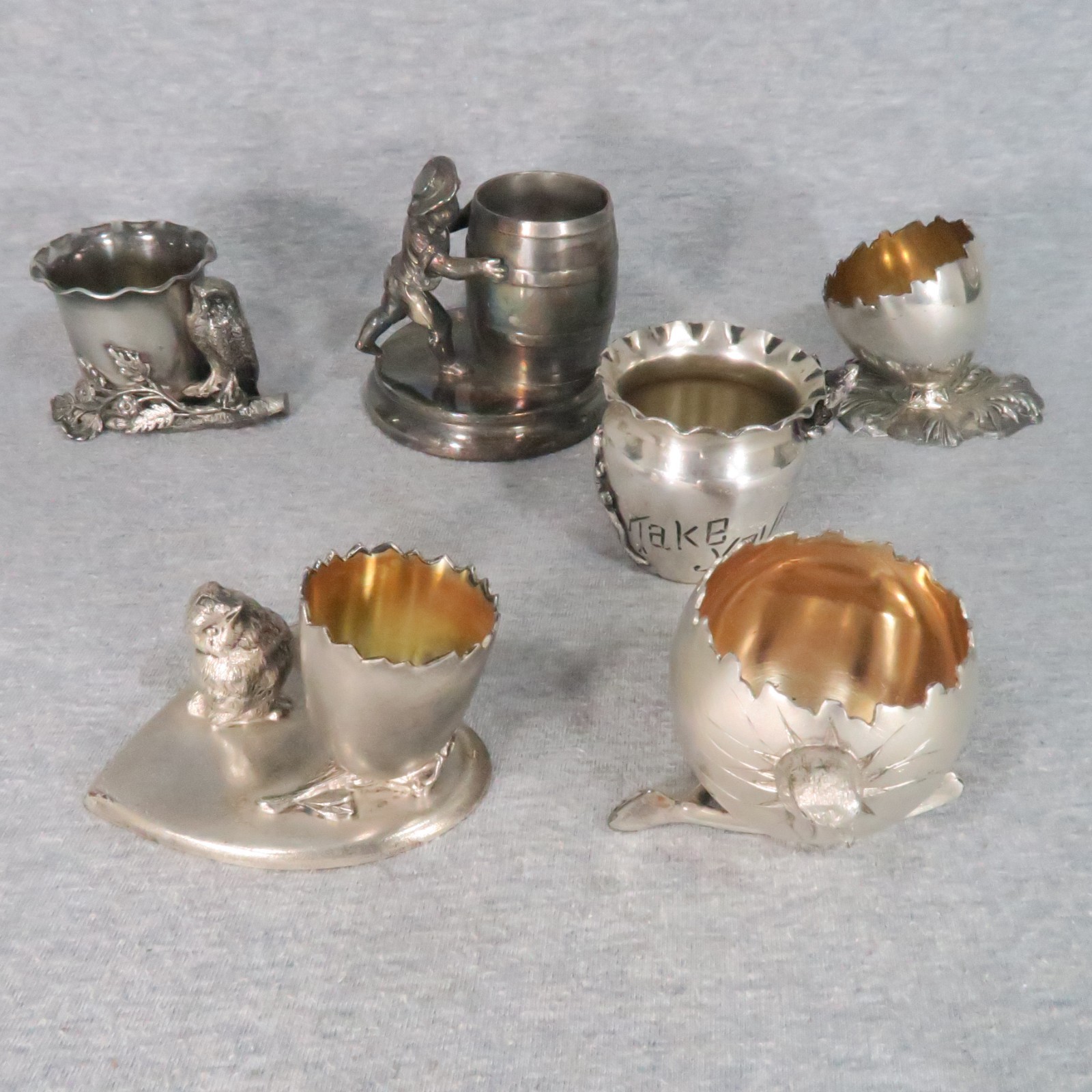 Antique Silverplate Figural Toothpick Holders w/ Boy Owl Chick Egg Frog Lot of 6