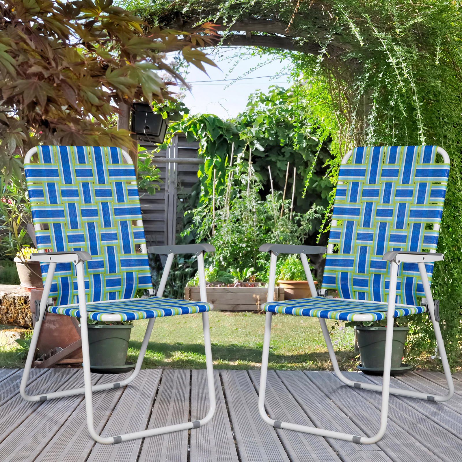 Metal Frame Blue Beach Chairs Set of 2 Webbed Folding Patio Lawn Camping Chairs
