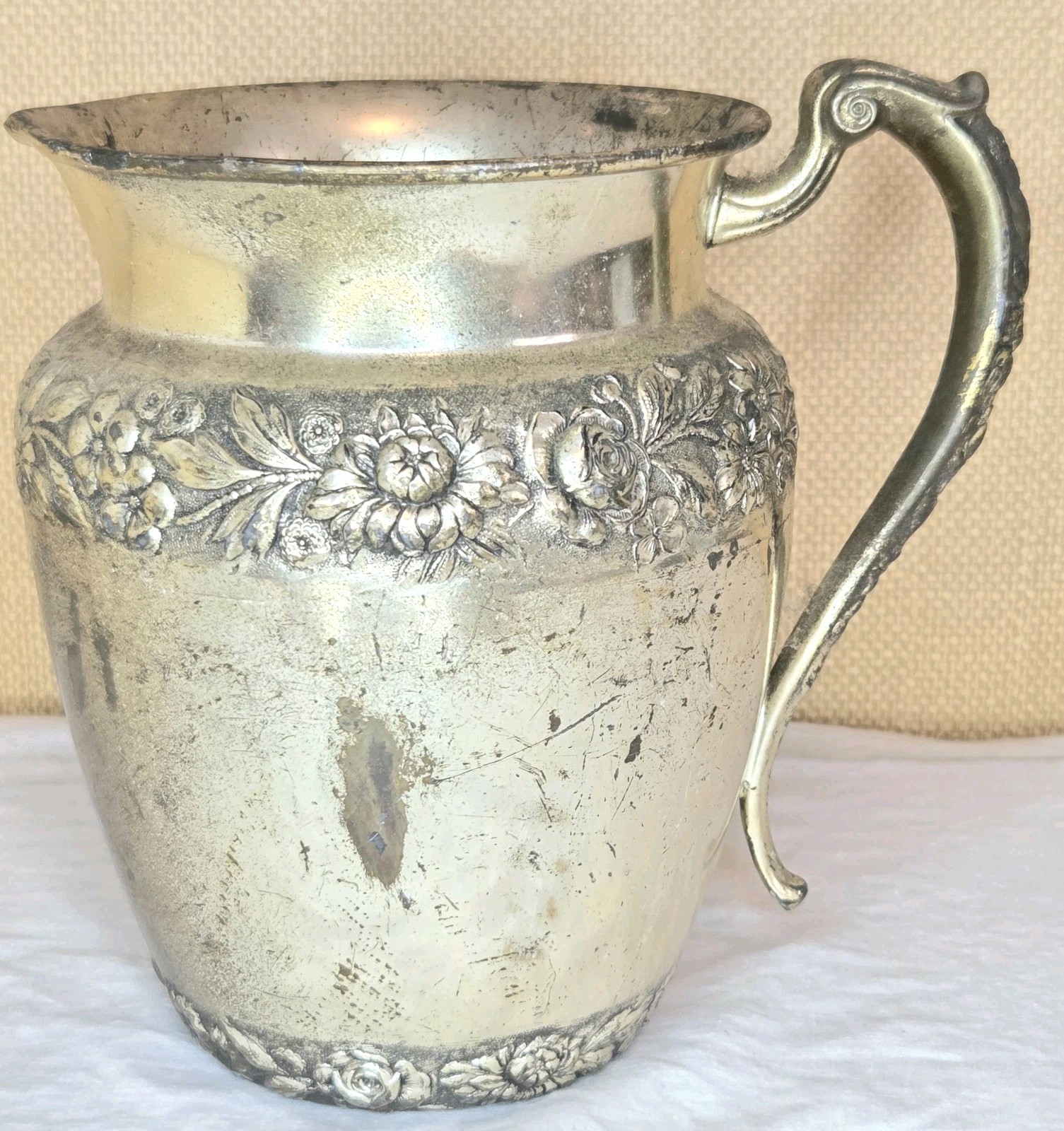 Vintage Silver Plated Pitcher w/ Ornate Floral Repousse -French Country Decor