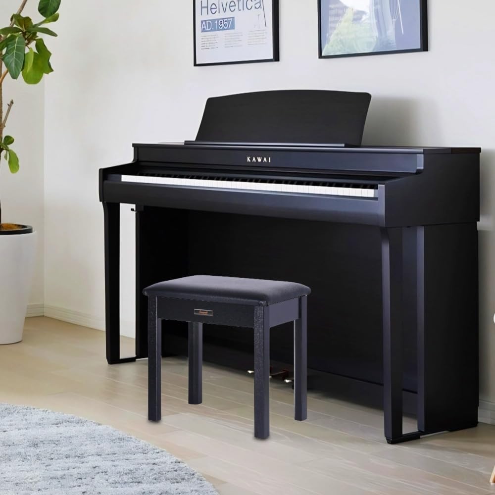 Solid Wood Piano Bench with Storage, Piano Stool and Padded Cushion, Keyboard...