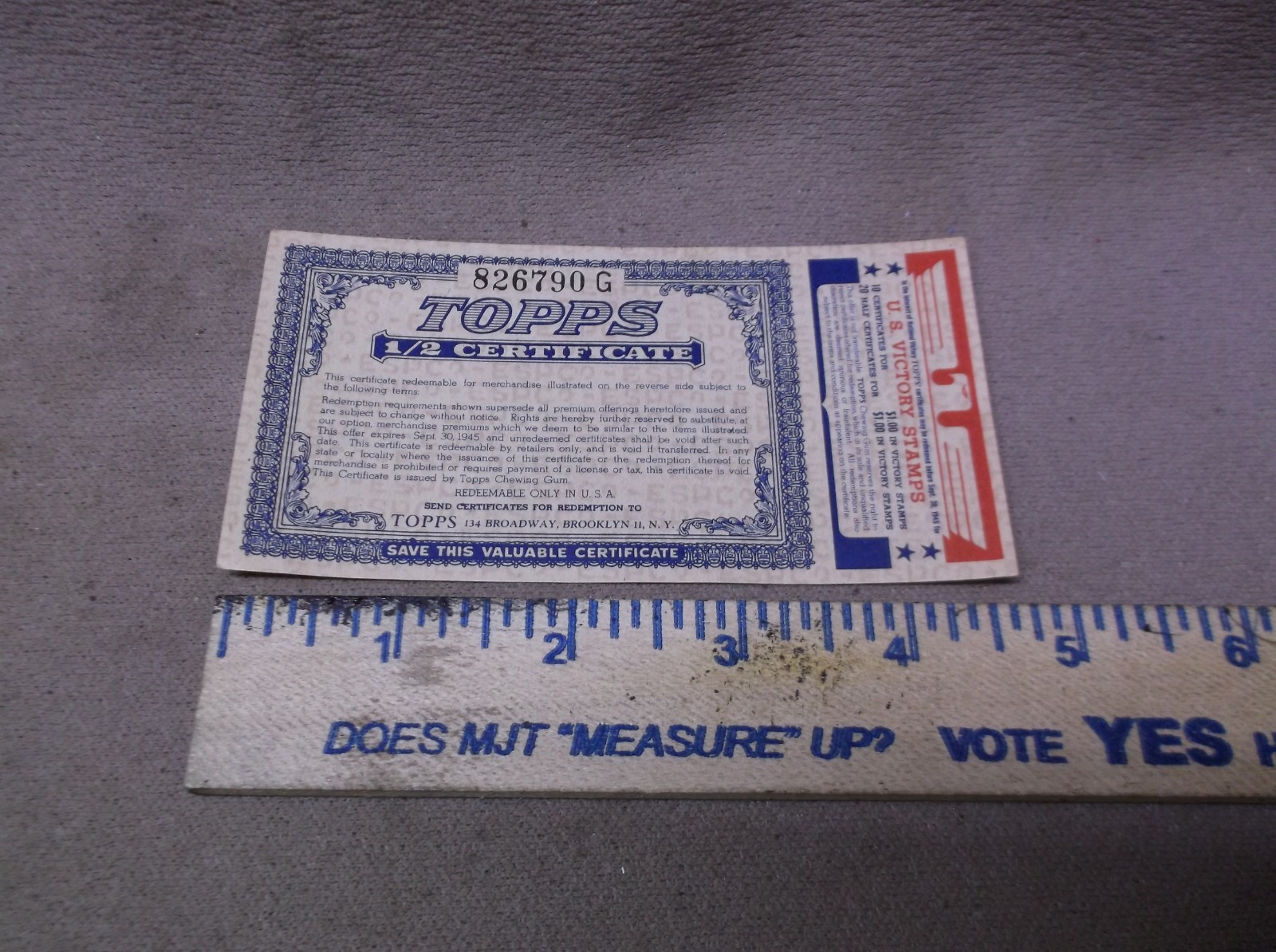 VINTAGE COLLECTIBLE 1945 TOPPS CHEWING GUM US VICTORY STAMPS 1/2 CERTIFICATE