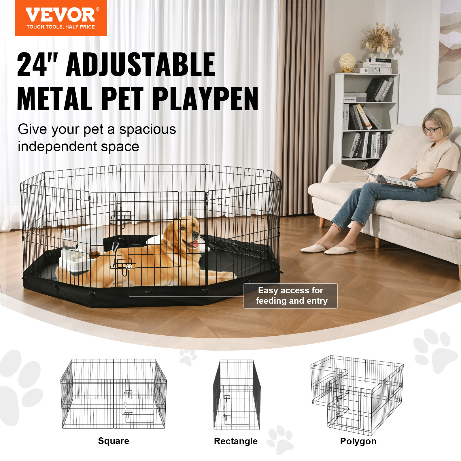 VEVOR Dog Playpen 8 Panels Foldable Metal Dog Exercise Pen with Bottom Pad 24" H