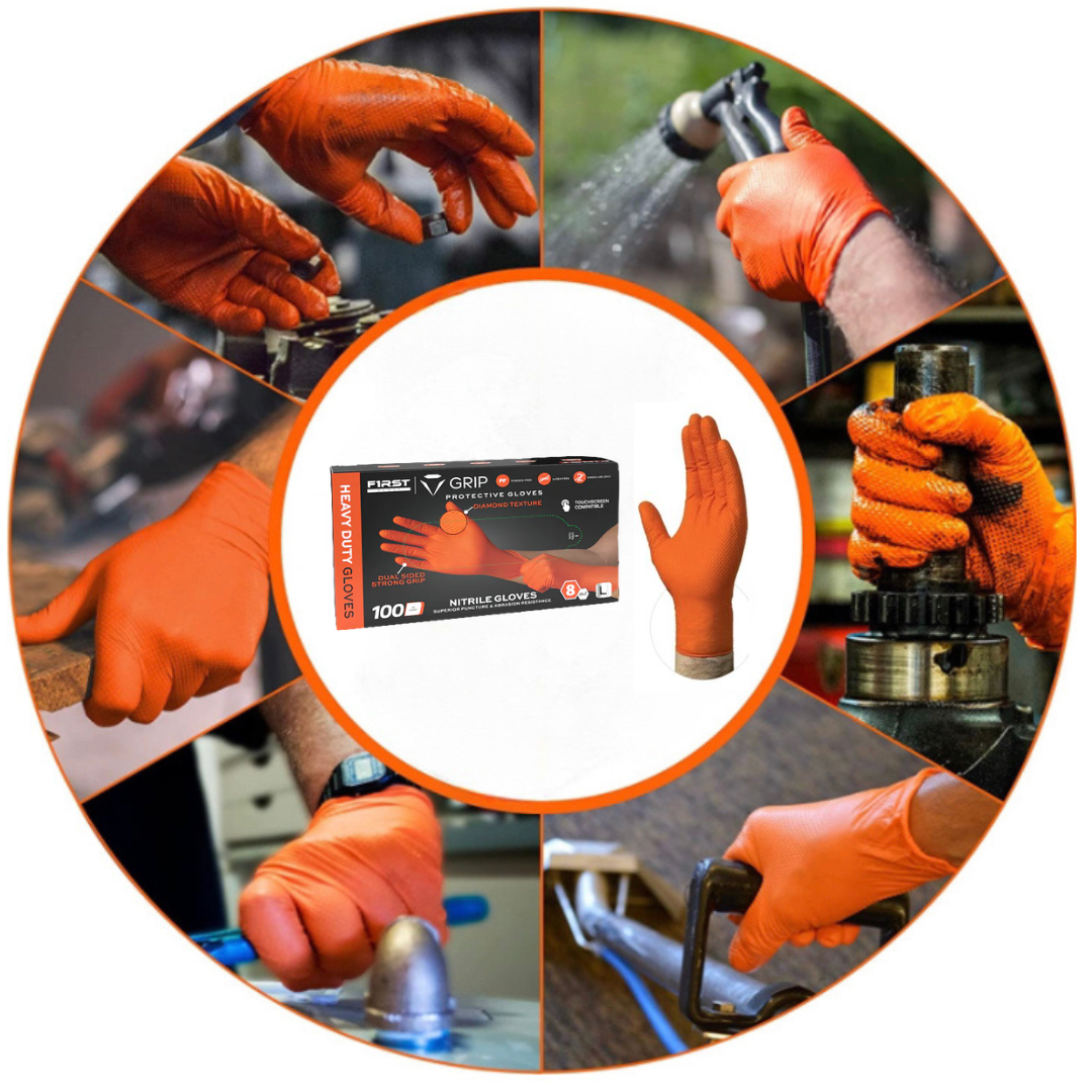 First Glove Grip Orange Nitrile Disposable Gloves 8 Mil Raised Diamond Texture