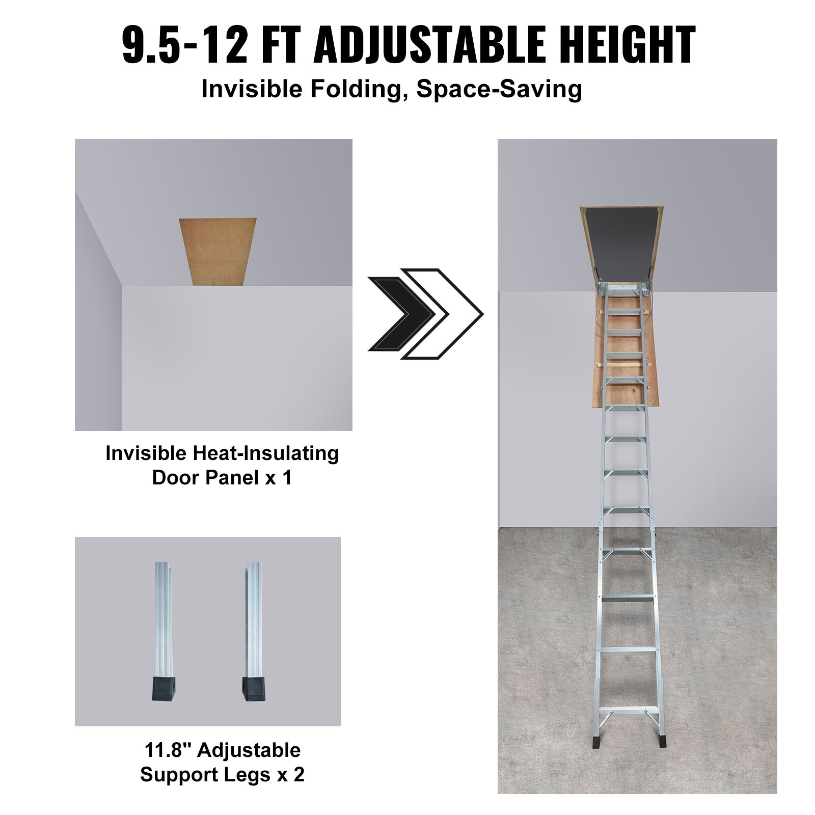 VEVOR Folding Attic Ladder Aluminum Adjustable Portable Loft Stairs Ceiling