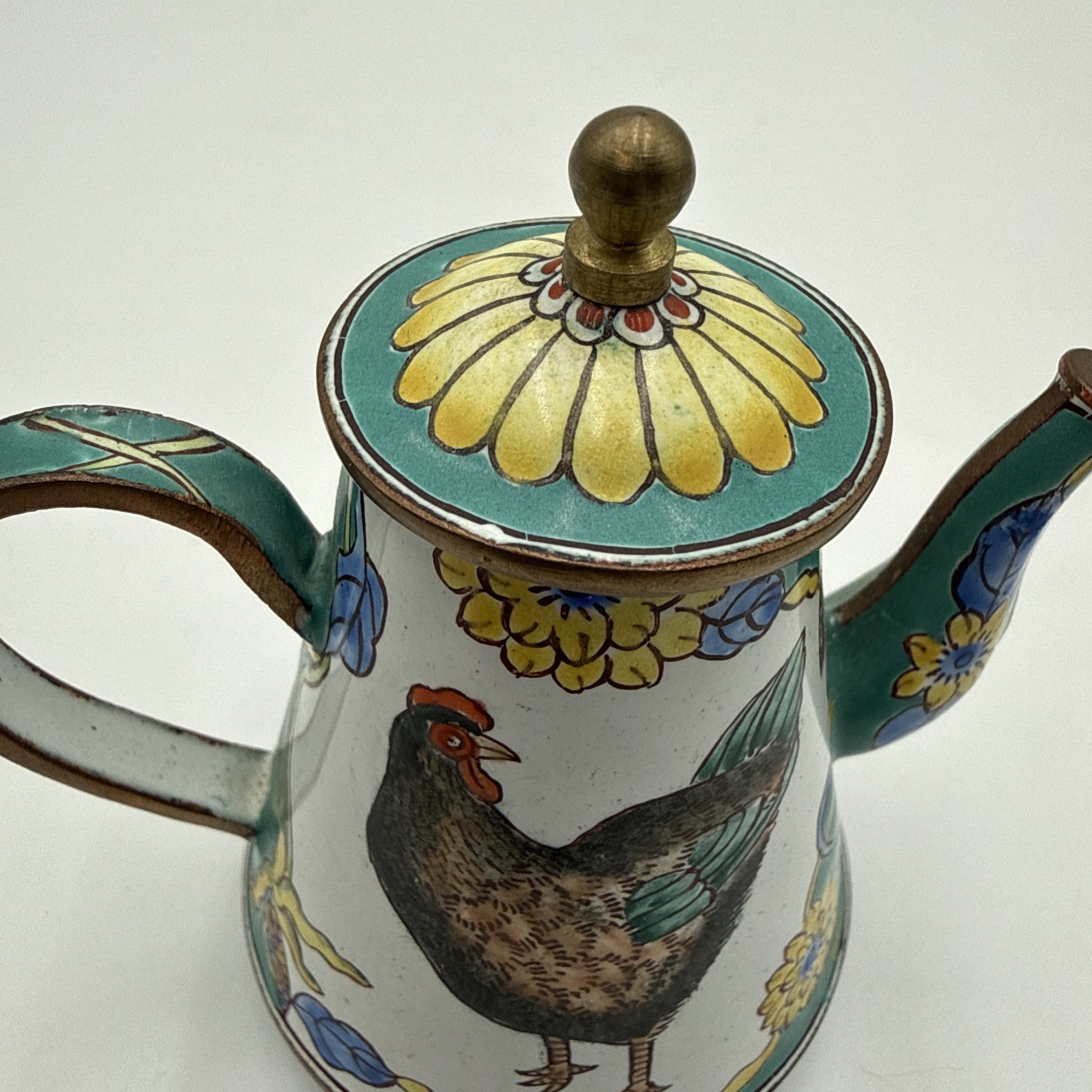 KELVIN CHEN Miniature Teapot 2000 Enameled Copper Rooster Chicken Florals #1852