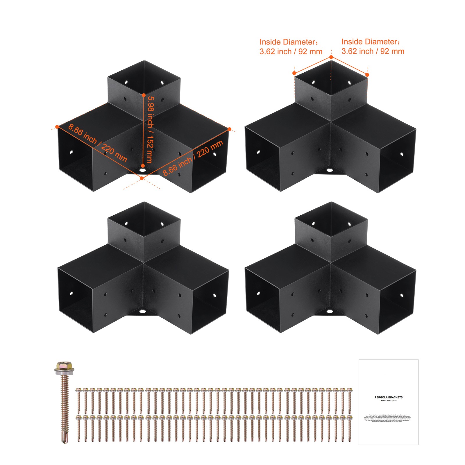 4''x4'' Pergola Bracket Kit inner 3.6x3.6 3-Way Woodworks DIY Post 4 pcs