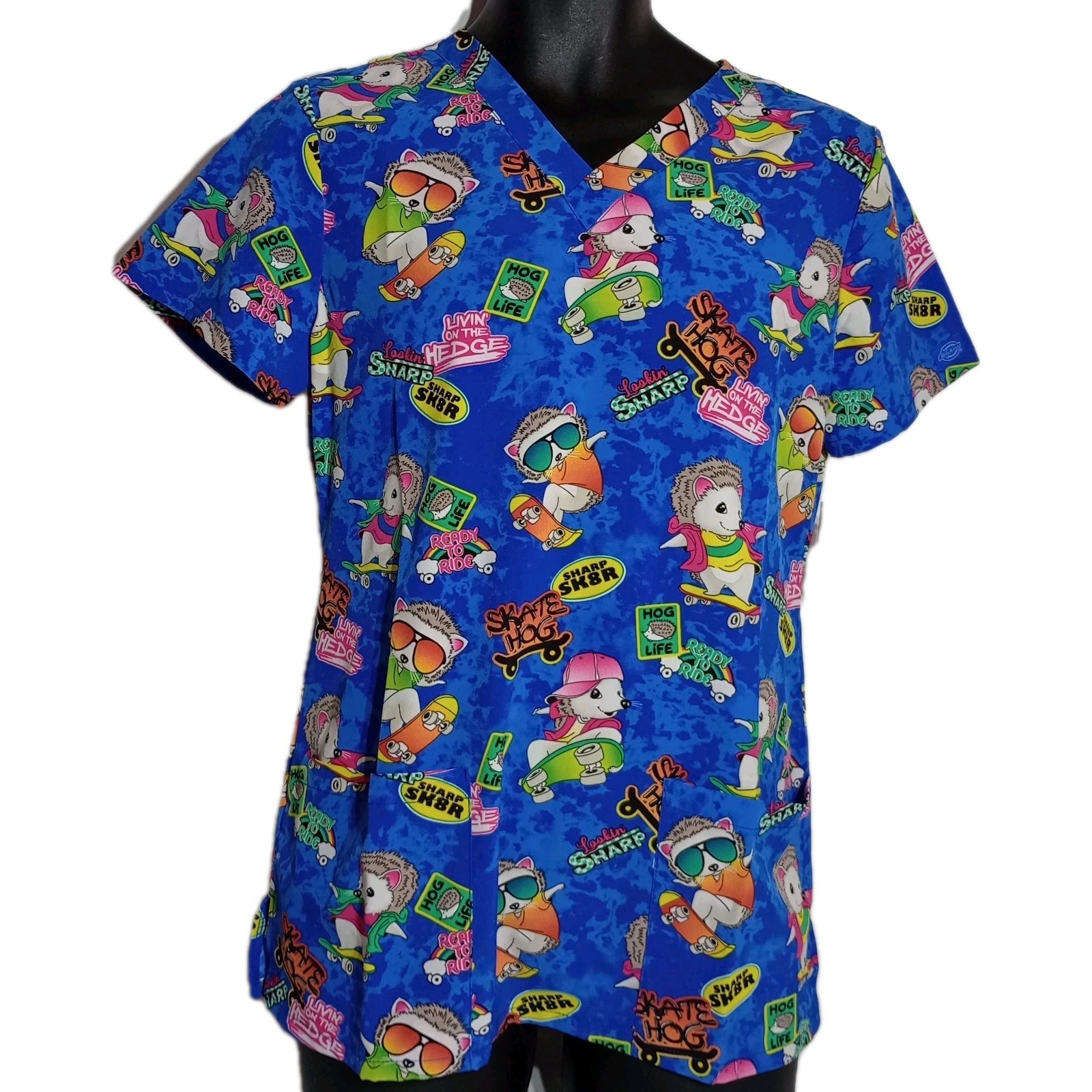 Dickies Scrub Top Blue Hedgehog Skater Skateboard Women's Size Small New NWTS