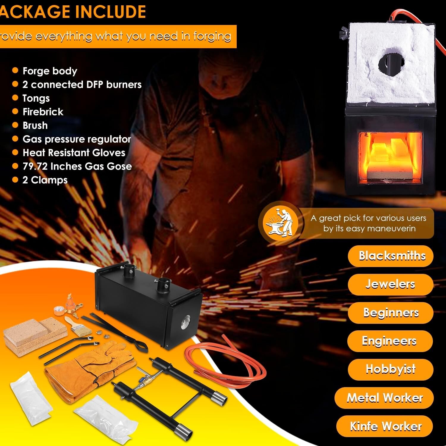 Gas Propane Forge Furnace with Dual Burners 2-Door Blacksmith Knife Tool Farrier