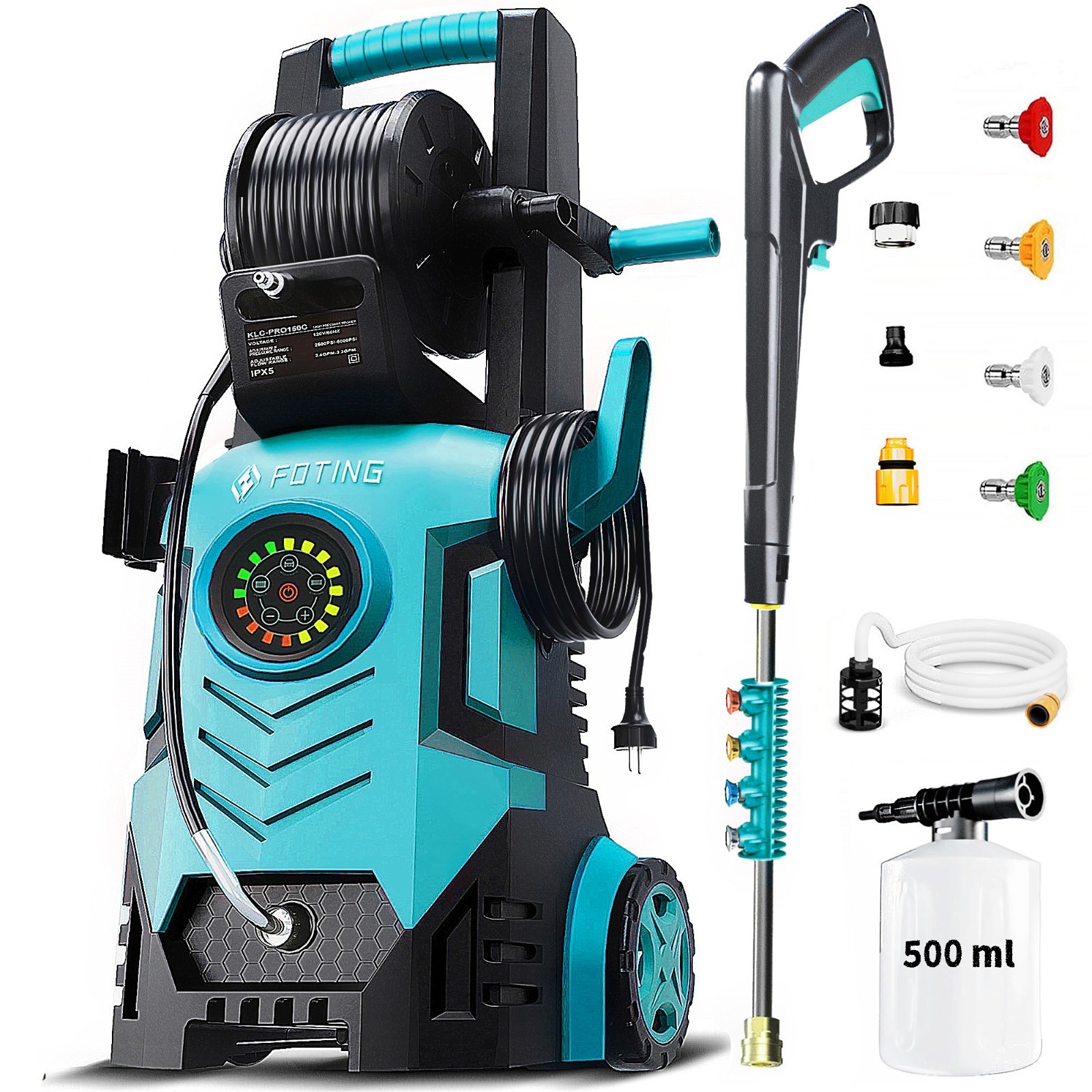 FOTING 5000-PSI, 2.3-3.6 GPM Adjustable Electric Pressure Washer with 4 Nozzles