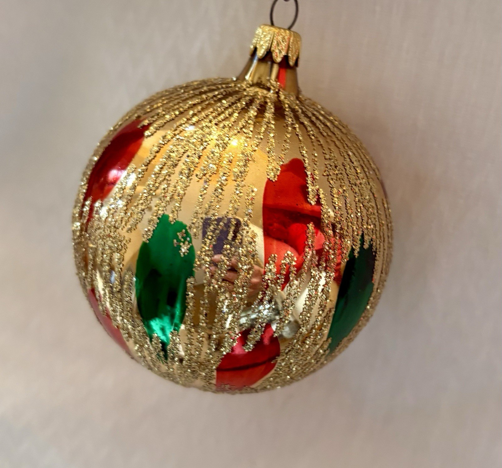 Vintage Gold, Red, Green And Glitter Glass Christmas Tree Ornament Holiday Decor