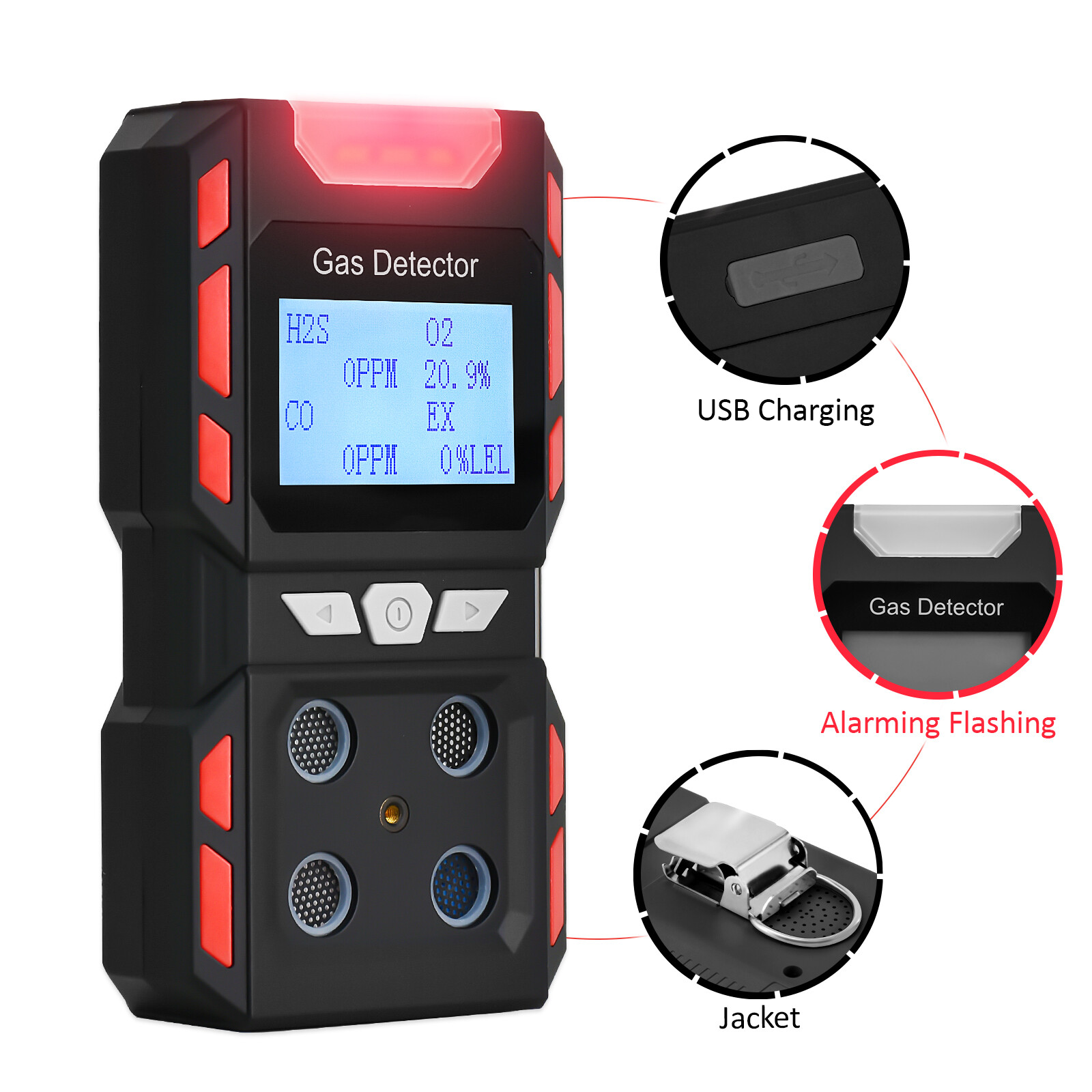 4-Gas Monitor Meter Tester Analyzer Portable Gas Detector Rechargeable Gas Clip