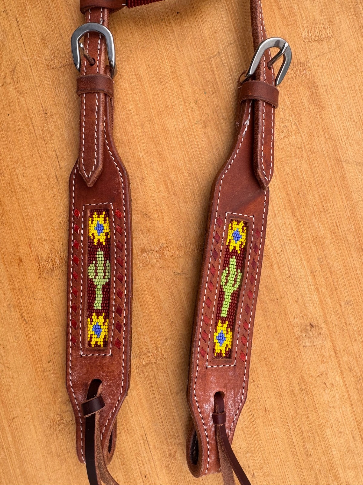 Beaded Cactus Beautiful One Ear Western Horse Headstall ~ SOFT Leather