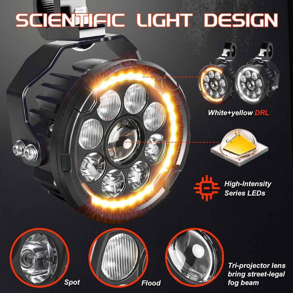 2x 4.5" LED Motorcycle Driving Lights White Amber DRL Fog Lamp Auxiliary Lights