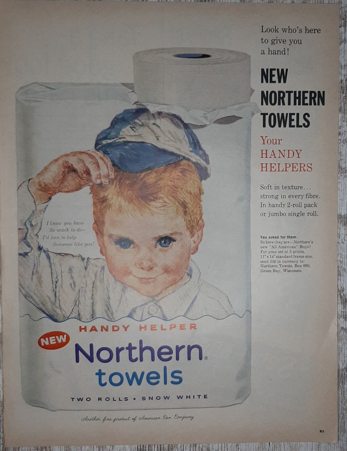 1961 Northern Vintage Print Ad Paper Towel Handy Helper Boy Baseball Hat