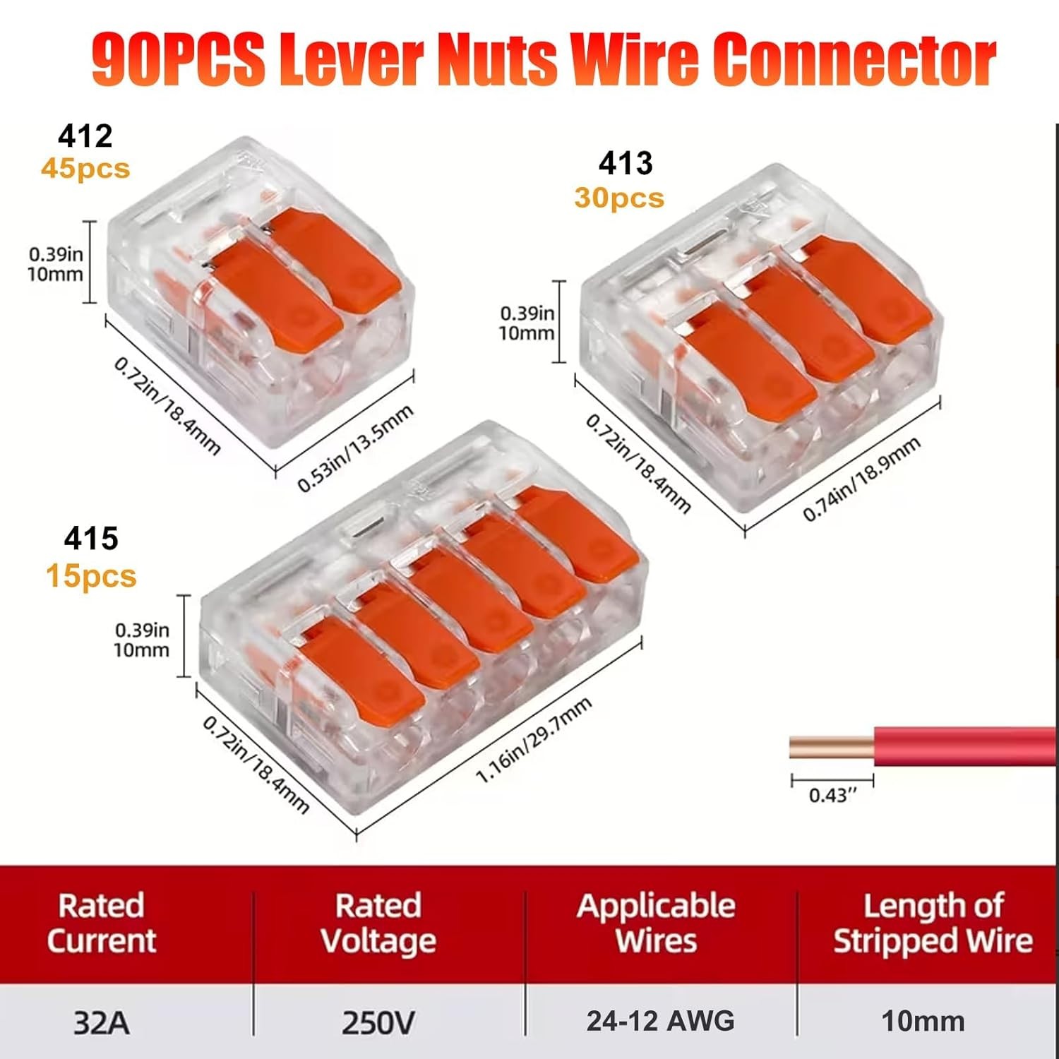 90Pcs For Wago 221 Lever Nuts Compact Splicing Wire Connectors - 2/3/5 Terminal